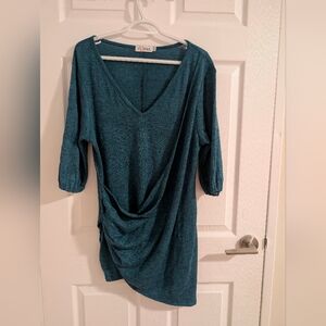 Purna Teal Ruched Drape Knit Tunic Top Made in Canada Size 10 Office Soft Casual